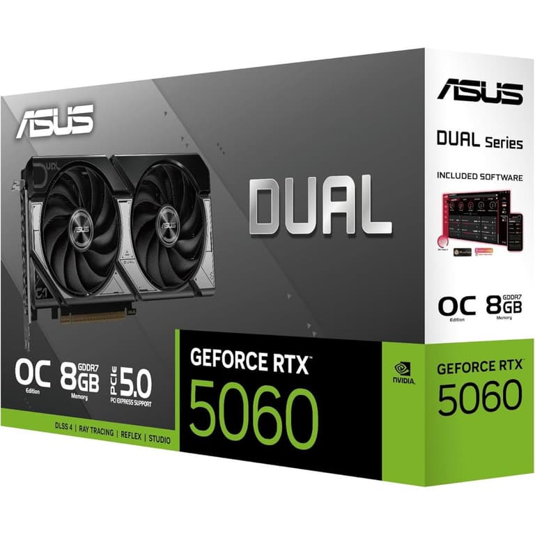 ASUS Dual GeForce RTX 5060 OC Edition Graphics Card, DUAL-RTX5060-O8G, 8GB GDDR7 128-Bit Memory, 2565 MHz Boost Clock, 28 Gbps Memory Speed, 3840 CUDA Cores, PCI Express 5.0