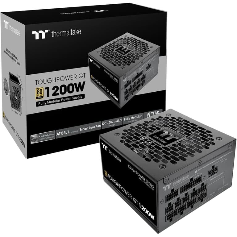 Thermaltake Toughpower GT 1200W 80 Plus Gold Certified ATX 3.1 2x Native PCIe 5.1 12V-2x6 Full Modular, Flat Cables Japanese Main Capacitors 140mm Fan , Black