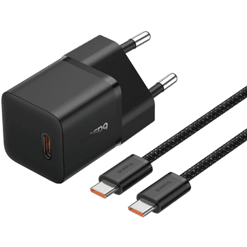 Baseus GaN5 Fast Charger (mini) 1C 20W EU Cluster Black (With: Baseus Dynamic 3 Series Fast Charging Data Cable Type-C to Type-C 100W 1m Cluster Black)