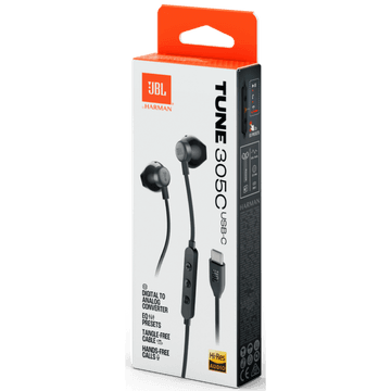 JBL TUNE 305C USB Wired Hi-Res Headphones, 12.5 mm Dynamic Driver, EQ Presets Control, Tangle-free Flat Cable, 20Hz-40 kHz Frequency Response, Built-in Mic, USB-C Connectivity, Black