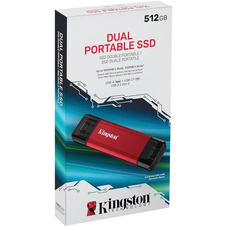 Kingston 512GB Dual USB-A & C Portable SSD Durable Metal Casing Up to 1050MB/s USB 3.2 Gen 2 support Windows, macOS, Linux , Chrome , Android™, iOS/iPadOS