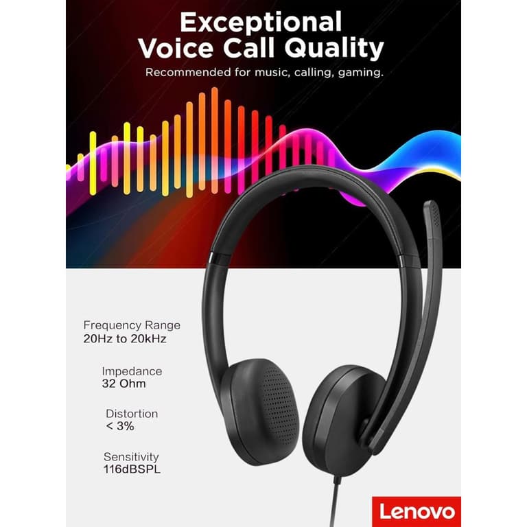 Lenovo USB-A Wired Stereo Headset for PC/Laptop, AI Noise Canceling via APP, 140g Lightweight, Replaceable Earcups, Double-Sided Boom Mic, in-line Controls with Mute for Call. Work with Teams/Zoom
