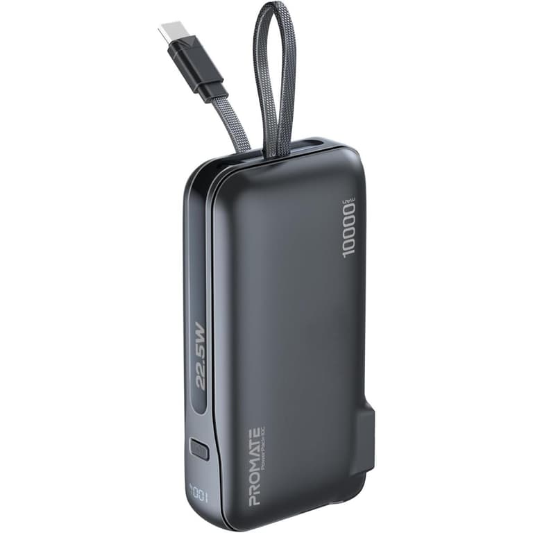 Promate Dual-Mode AC/DC Charger and 10000mAh Power Bank with 20W USB-C Port, Built-In USB-C Cable, 22.5W USB-A Quick Charge, Digital Display, and Multi-Protection System for Safe - Black