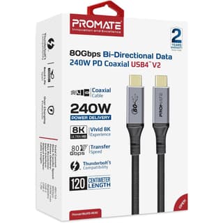 Promate PowerBolt5-80G Thunderbolt 5 USB 4 Cable 80Gbps Data Transfer, 240W Power Delivery, 8K Ultra HD Display Support, USB-C to USB-C 1.2M Cable, Compatible with Thunderbolt 5, Durable Build Black