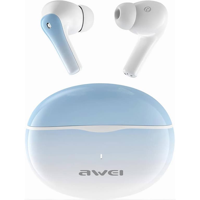 Awei T62 ENC headphones, Bluetooth 5.3, Noise Cancelling, 4 Mic, ENC HD Call, Deep Bass, 300mAh Charging Case, 10m Transmission Distance, 5H Play Time - Blue