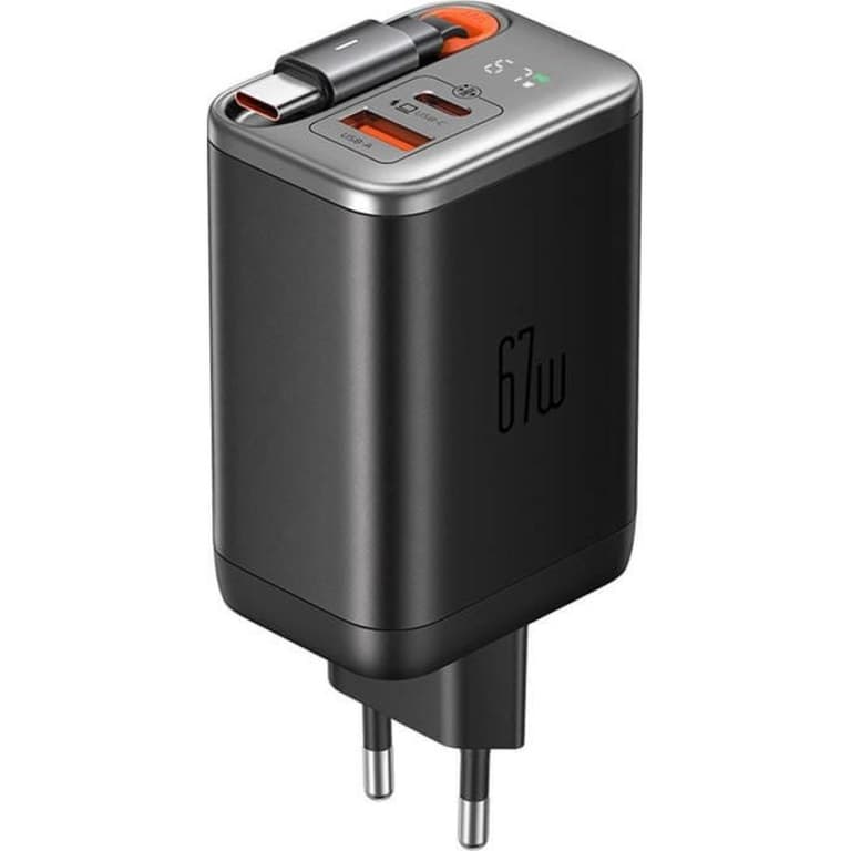 Mcdodo CH-4100 Super-Fast Wall Charger 2IN1 USB-C & USB-A GAN 67W 3A, Display + Retractable Cable 65 cm 60W - Black