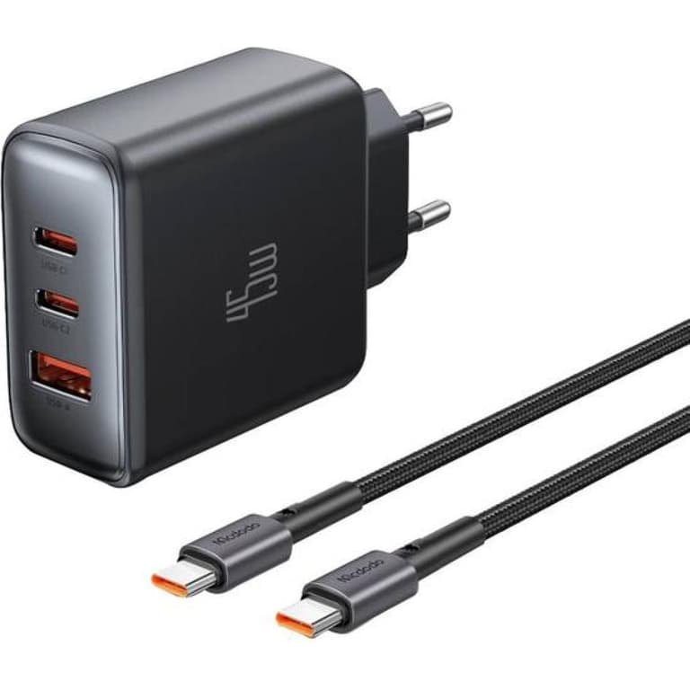 Mcdodo CH-4861 Fast Wall Charger 45W 3-Port Output, with Type-C Cable - Black