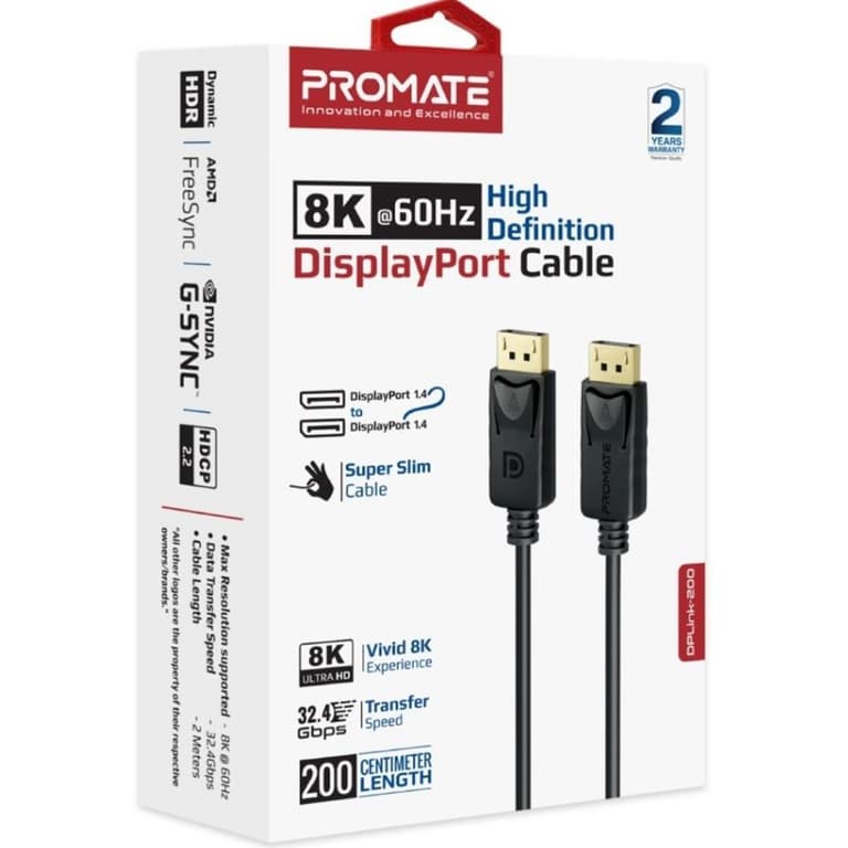Promate DisplayPort Cable, Premium Ultra HD 8K@60Hz Video Display Cord with 32.4Gbps Bandwidth Transmission, Gold Plated Connectors, 2m Super Slim Cable - Black