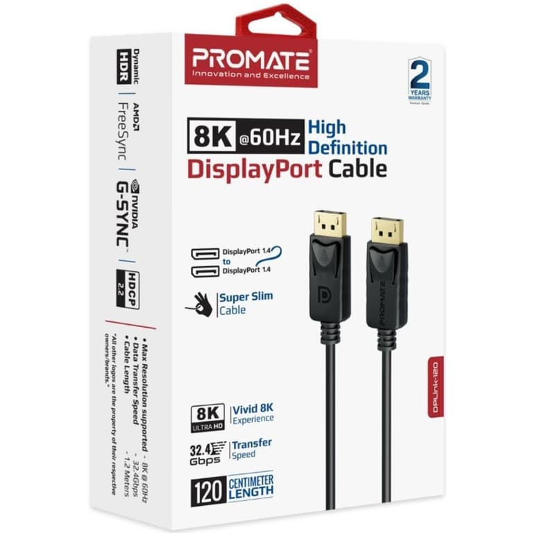 Promate DisplayPort Cable, Premium Ultra HD 8K@60Hz Video Display Cord with 32.4Gbps Bandwidth Transmission, Gold Plated Connectors, 1.2m Super Slim Cable - Black