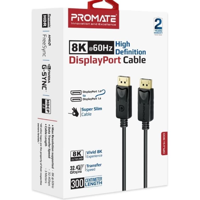 Promate DisplayPort Cable, Premium Ultra HD 8K@60Hz Video Display Cord with 32.4Gbps Bandwidth Transmission, Gold Plated Connectors, 3m Super Slim Cable - Black