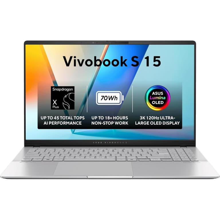 ASUS Vivobook S 15 (2024) K5507QA Copilot+ PC NEW Snapdragon X Plus 8-Cores AI-Powered w/ BIG Battery & 3K OLED 120Hz Display - Cooler Silver