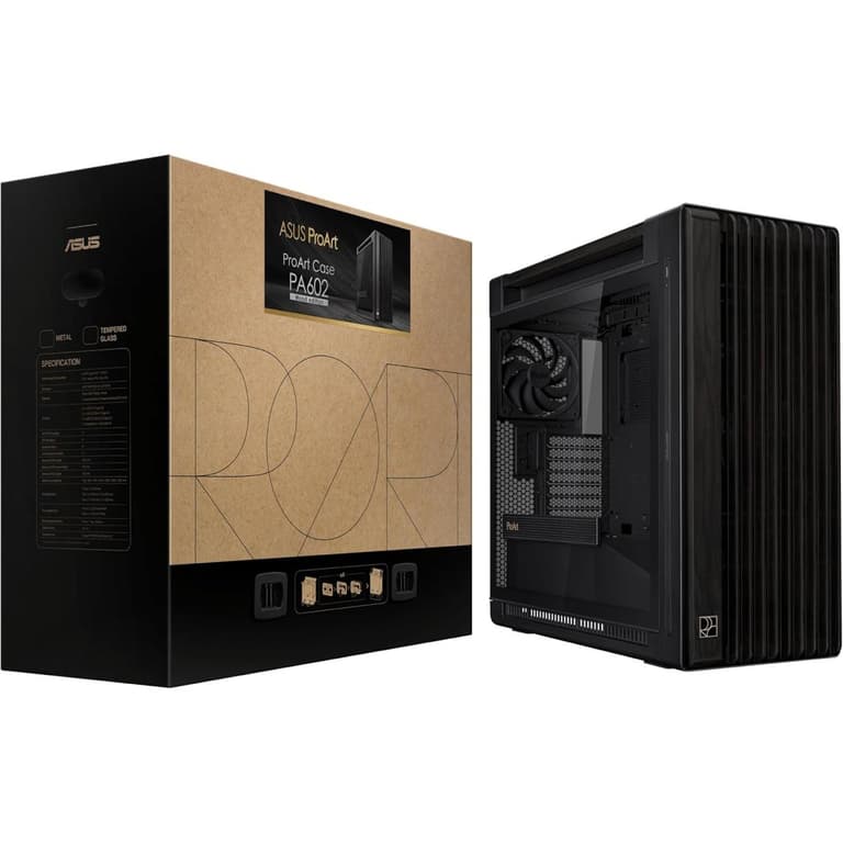ASUS ProArt PA602 Wood Edition E-ATX Case 420mm Radiator Support Dual 200mm Built-in Fans Front Panel IR dust Indicator Power Lock Latch Tool-Less PCIe mounting & GPU Holder