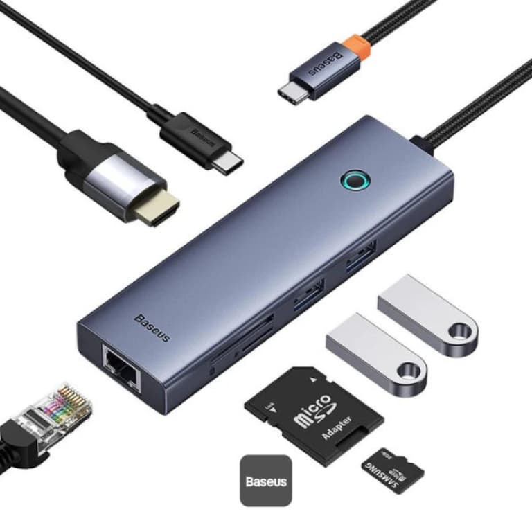 Baseus Flite Series 7-Port HUB Docking Station - 4K Fast Charging, 100W PD, 2 USB 3.0 Ports, HDMI 4K@60Hz, RJ45 1000Mbps, SD/TF Card Reader - Grey