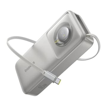 Baseus Free2Pull 20000mAh Power Bank with Built-in Retractable Type-C Cable for Laptop - 65W Fast Charging, Digital Display - Silver