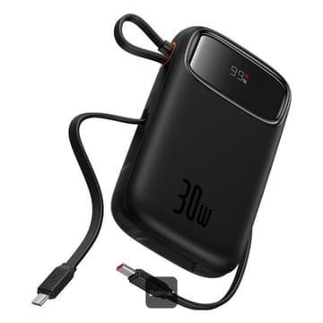 Baseus QPow2 20000mAh Digital Display Fast Charge Power Bank 30W With Built-in Dual Type-C Cable - Black