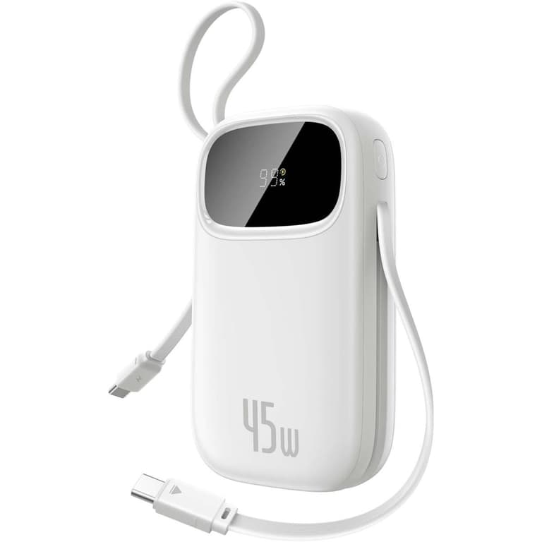 Baseus Qpow 3 Digital Display Power Bank with 2 Built-in USB-C Cables 10000mAh 45W Cosmic - White
