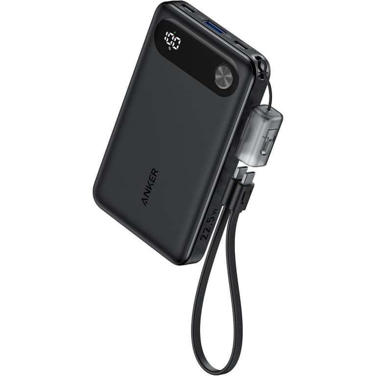 Anker A1257P11 Power Bank, 10,000mAh Portable Charger with Built-in USB-C Cable and Lanyard, 22.5W Max Output with USB-C&A Port, Battery Pack for iPhone 15/14, Galaxy S23, iPad, AirPods, and More - Black