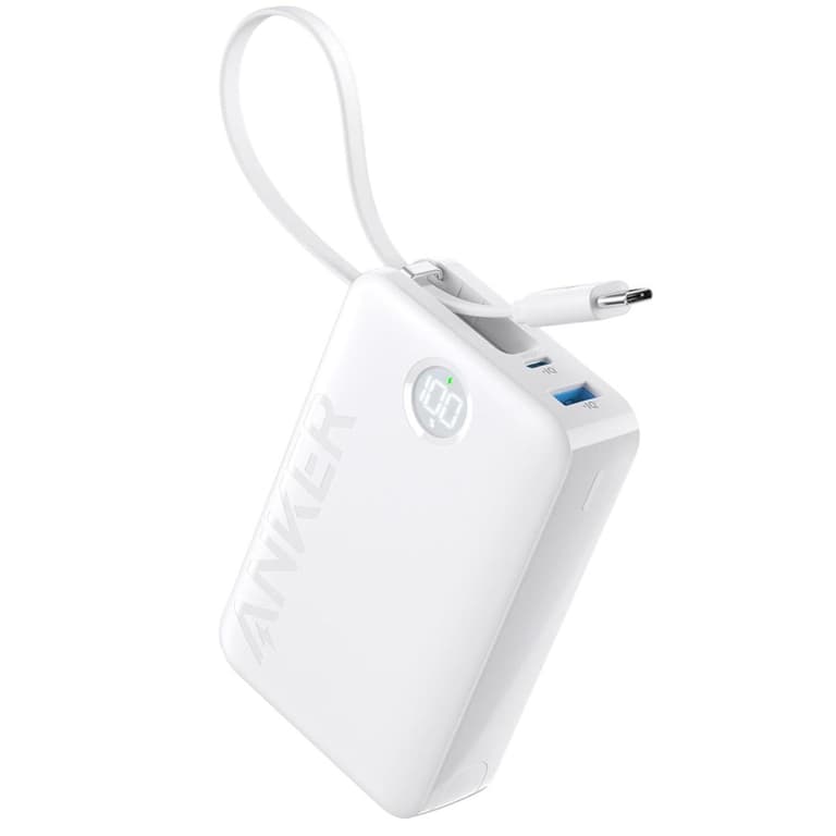 Anker Power Bank Battery Pack, 20,000mAh 22.5W High Speed Charging Portable Charger with Built-in USB C Cable, 1 USB-C, 1 USB-A, for iPhone 15/15 Plus/15 Pro/15 Pro Max, MacBook, Galaxy - White