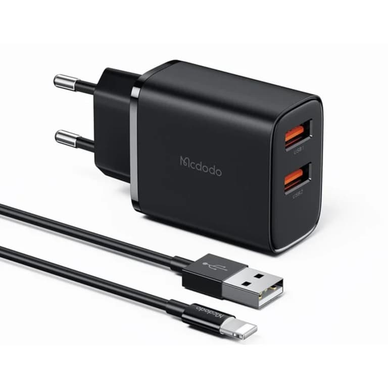 Mcdodo CH-5071 USB-A X 2 Port 12W Fast Wall Charger + USB-A to Lightning Cable - Black