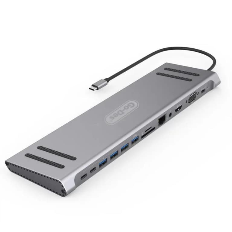 Go-Des 14in1 GD-9120 USB C Type-c Hub hubs docking station dual 4K HDR, VGA, RJ45 Ethernet USB3.0 100W PD SD/TF/ Card reader 3.5mm Audio Go-Des PD Charging adapter