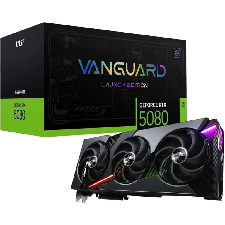 MSI GeForce RTX 5080 16G Vanguard SOC Launch Edition Graphic Card, 16GB GDDR7 256-bit Memory, 2730 MHz Boost Clock, 30 Gbps Memory Speed, 10752 CUDA Cores, PCI Express Gen 5