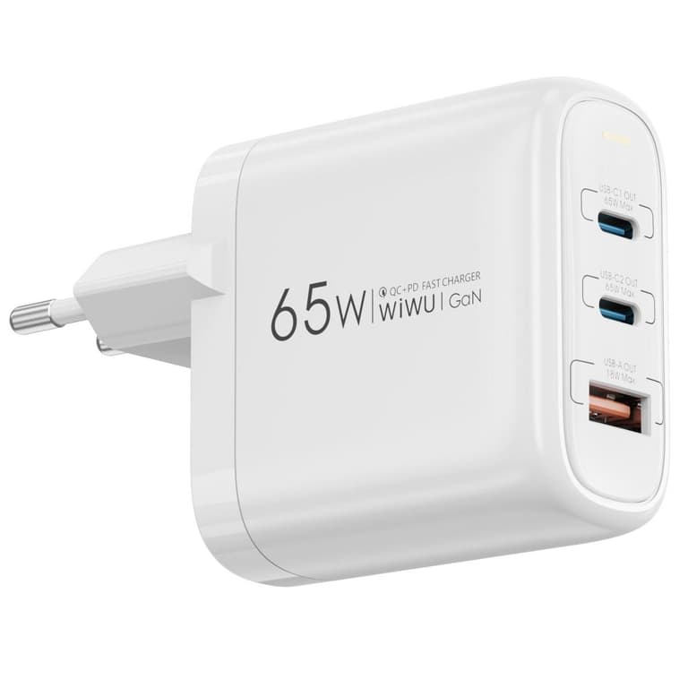 WiWU WI-U024 Ark GaN 65W High Quality Fast Charging USB Type-C x 2 + USB-A QC & PD Multi Port Power - White