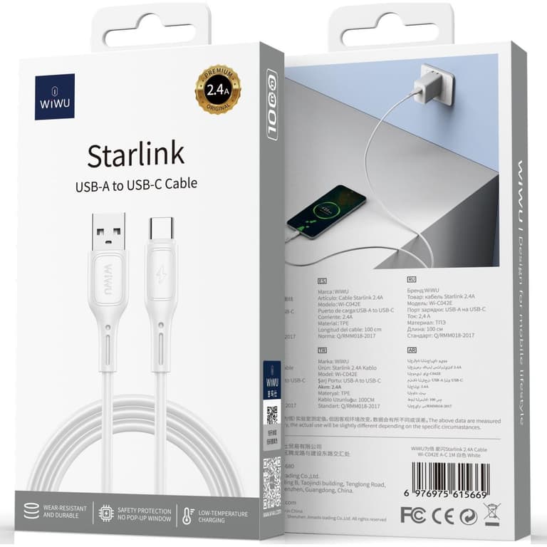 WiWU Wi-C042E A-C 2.4A Charging Cable USB - A to Type - C Data Transfer Cable 1M - White