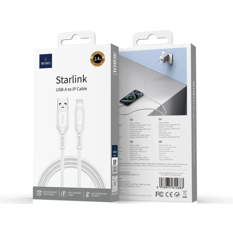 WiWU Wi-C042E A-L 2.4A Charging Cable USB - A to Lightning Data Transfer Cable 1M - White