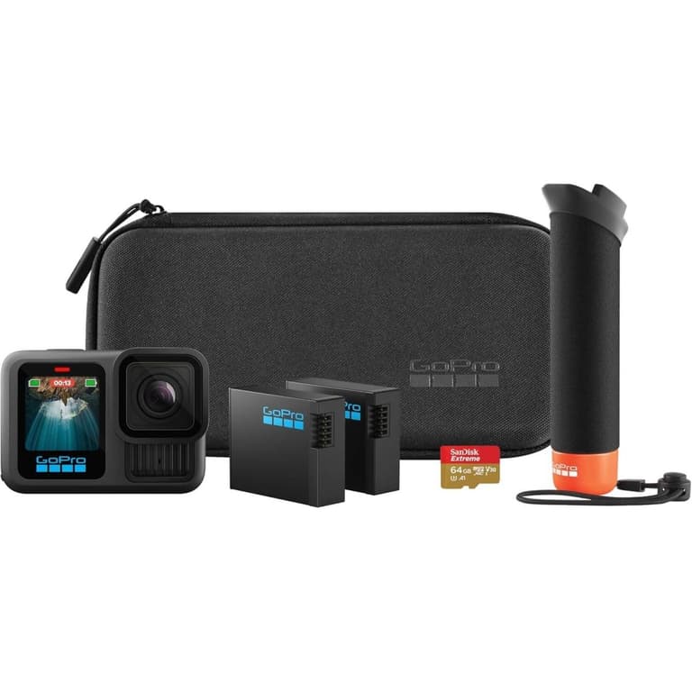 GoPro Hero13 Accessory Bundle Action Camera, 27.6MP Active Pixels, Includes The Handler, 2 Enduro Batteries, 2 Curved Adhesive Mounts, 64GB SanDisk MicroSD Card, & Carrying Case, Black