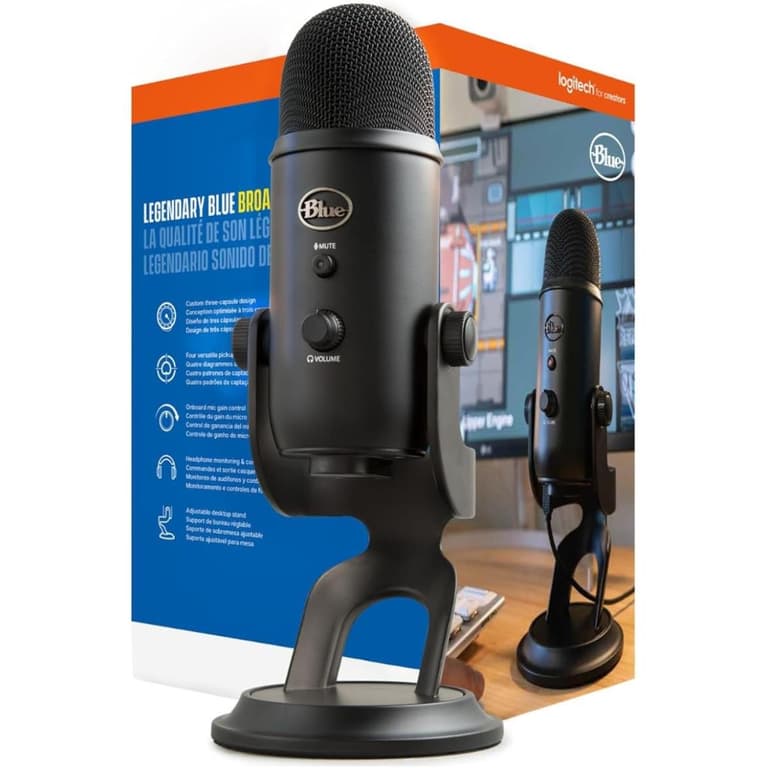 Logitech for Creators Blue Yeti USB Microphone for Gaming, Streaming, Podcasting, Twitch, YouTube, Discord, Recording for PC and Mac, 4 Polar Patterns, Studio Quality Sound, Plug & Play-Blackout
