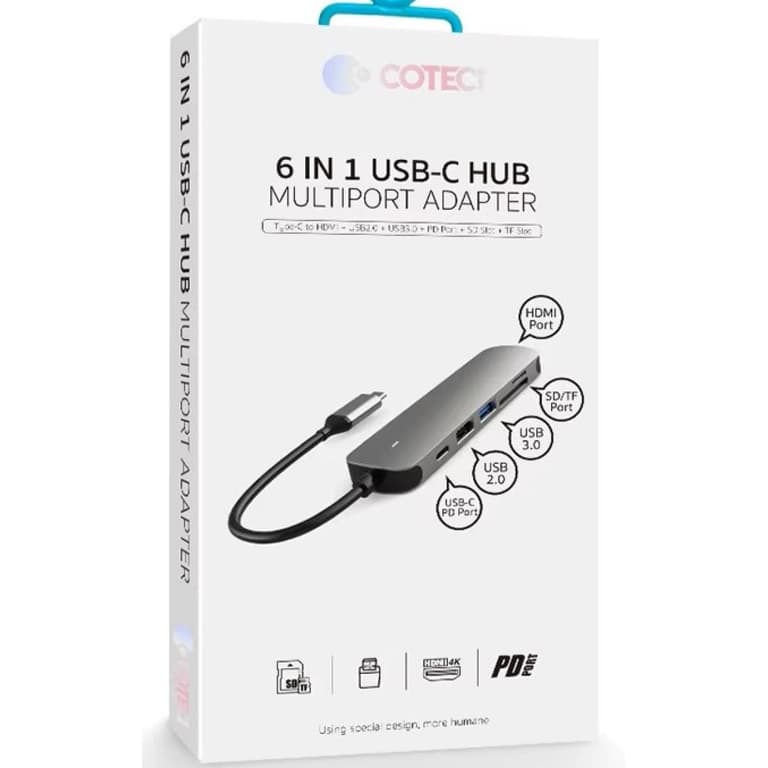 COTECI 6in1 Hub Type-C DP USB 3.0 USB 2.0 HDMI USB-C 2.0 SD TF High Speed Card Reade Docking Station - Gray