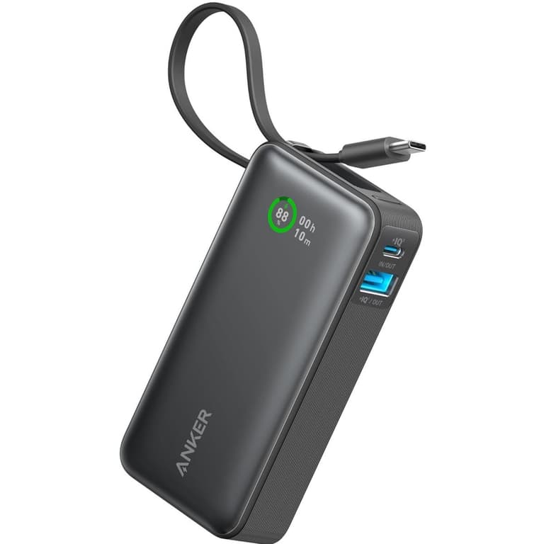 Anker Nano Power Bank, 10,000mAh Portable Charger with Built-In USB-C Cable, 30W Max Output, for iPhone 16/15 Series, MacBook, AirPods, and More - Black