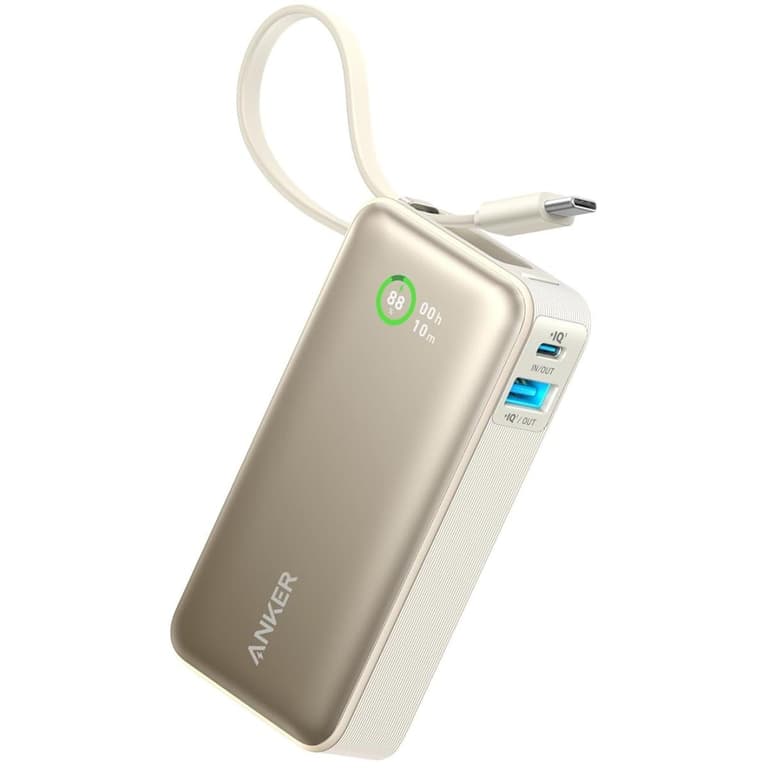 Anker Nano Power Bank, 10,000mAh Portable Charger with Built-In USB-C Cable, 30W Max Output, for iPhone 16/15 Series, MacBook, AirPods, and More - Shell White
