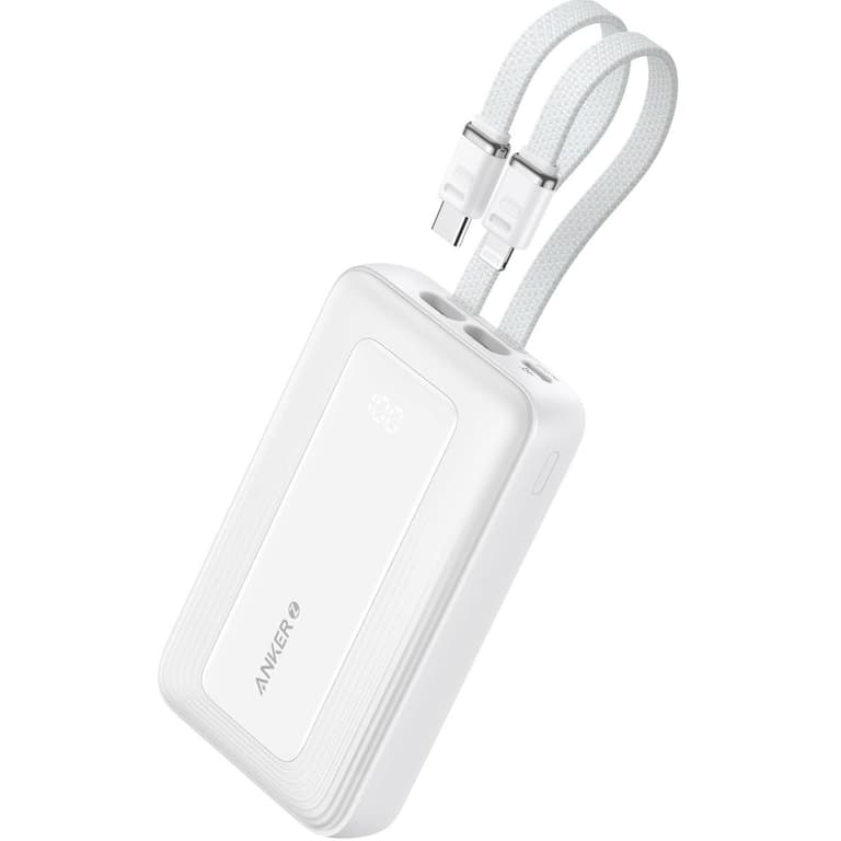 Anker Zolo Power Bank, 20,000mAh 30W Max Fast Portable Charger with Built-in USB-C and MFi Certified Lightning Cables, USB-C&A, Battery Pack for iPhone 16/15 Series, MacBook, Galaxy - White