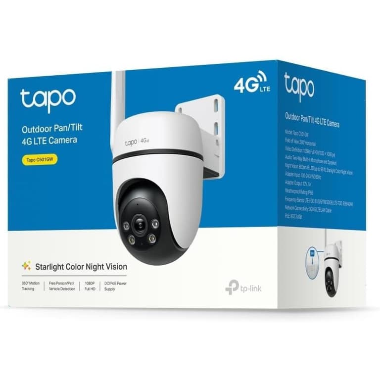 Tp-Link Tapo C501GW Pan/Tilt 4G LTE Outdoor Security Camera, No Wi-Fi Needed, 1080P Full HD, 360° Motion Tracking, No Monthly Fee, AI Detection, Starlight Colour Night Vision, Dual Mode 4G SIM card or PoE