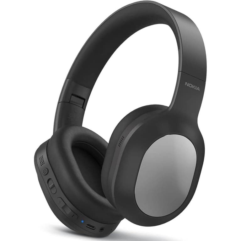 Nokia E1200 ANC Wireless Bluetooth Headphones Over Ear, Headset with Micphone, ANC Noise Cancelling, Connect 2 Devices Simultaneously, 50 Hours Playback, Wired Wireless, AUX, Foldable, Black