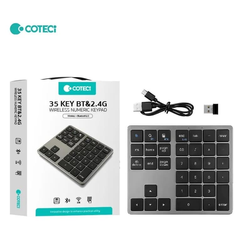 COTECi Numeric Keypad, 35-Keys Portable Wireless & Bluetooth Numeric Keypad Rechargeable Ultra-Silent External Numeric Pad for MacBook and Windows Laptop - Black