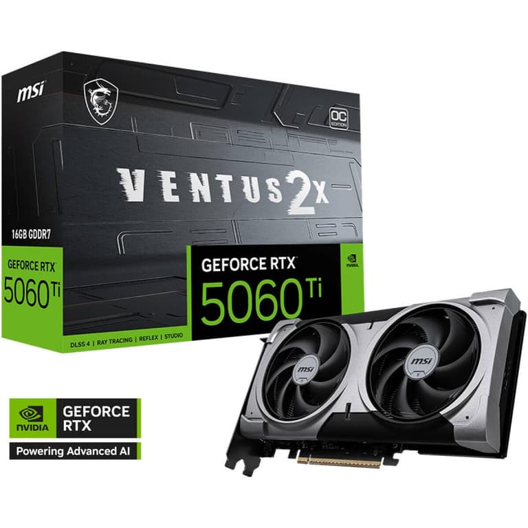 MSI GeForce RTX 5060 Ti 16G VENTUS 2X OC PLUS 16GB GDDR7 128-Bit Memory, 2602 MHz Boost Clock, 28 Gbps Memory Speed, 4608 CUDA Cores, PCI Express Gen 5