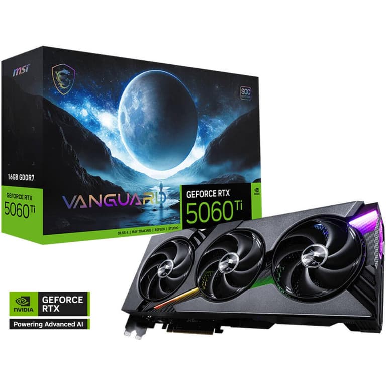 MSI GeForce RTX 5060 Ti VANGUARD SOC 16GB GDDR7 128-Bit Memory, 2692 MHz Boost Clocks, 28 Gbps Memory Speed, 4608 CUDA Cores, PCI Express Gen 5 x16