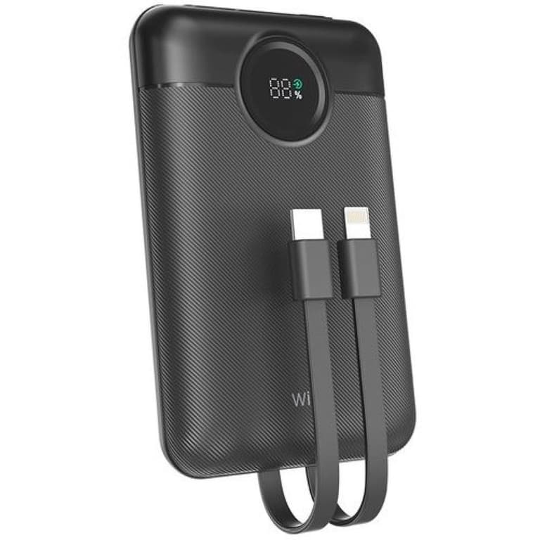 WiWU Wi-P022 Galaxy Power Bank 22.5w, 10000mAh Fast Charging, with Dual Built-in charging cable Type-C + Lightning - Black