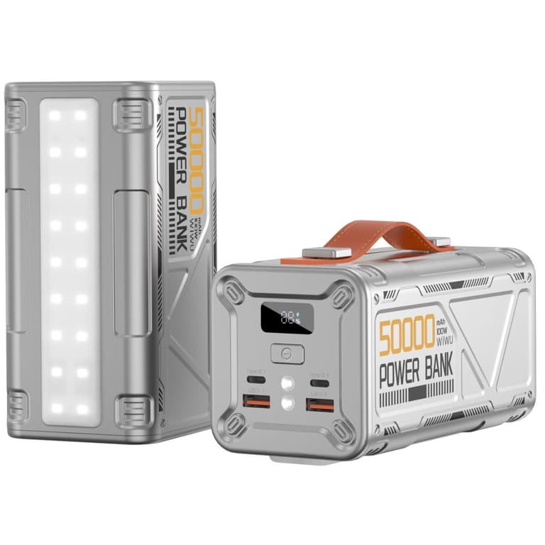 WiWU WI-P029 Armor 100W 50000mAh Power Bank multiple devices, including laptops and smartphones, Dual 100W USB-C, 22.5W USB-A Fast Charging Backup Battery with Built-in Flashlight- Silver