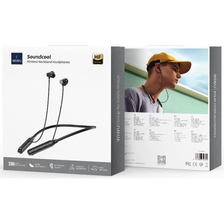 WiWU GB01 Flex Wireless Earphones, Bluetooth 4.2, HIFI Clear Voice, Long Life Battery, up to 30 Hours Music Time - Black