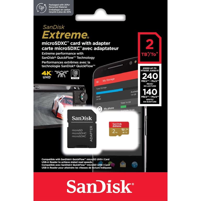 SanDisk 2TB Extreme microSDXC UHS-I Memory Card with Adapter - Up to 240MB/s, C10, U3, V30, 4K, 5K, A2, Micro SD Card Capture epic 5K3 Point-of-View and 4K UHD3 Aerial Video