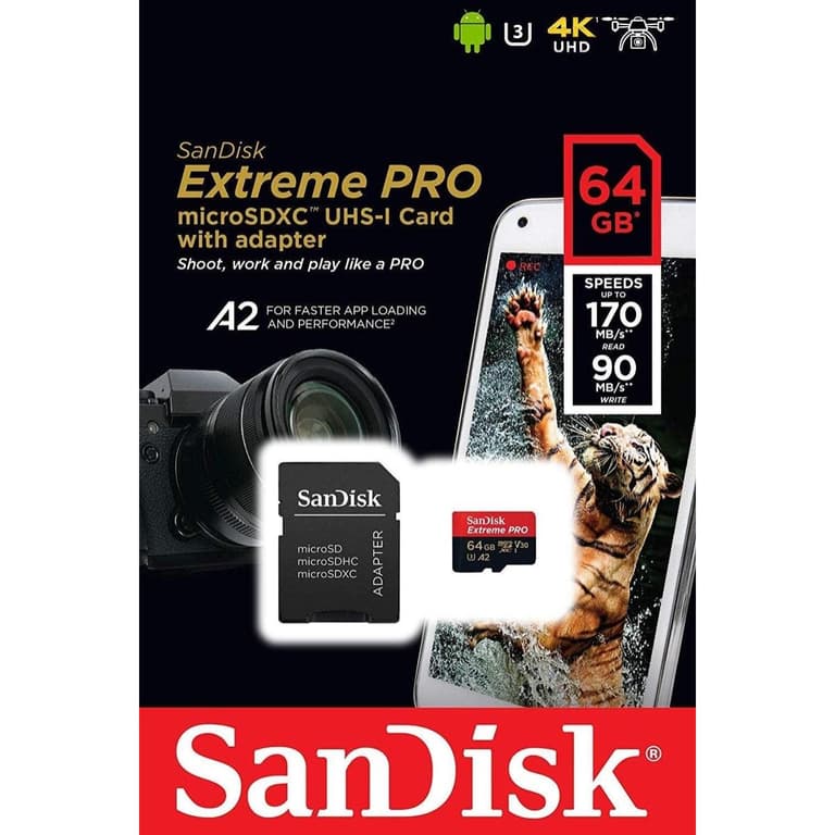 SanDisk Extreme Pro 64GB microSDXC UHS-I V30 200MB/s Read 140MB/s Write Memory Card for 4K Video on Smartphones Action Cams & Drones