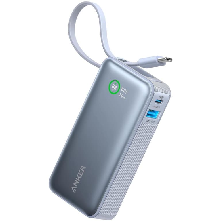 Anker Nano Power Bank, 10,000mAh Portable Charger with Built-In USB-C Cable, 30W Max Output, for iPhone 16/15 Series, MacBook, AirPods, and More - Ice Lake Blue