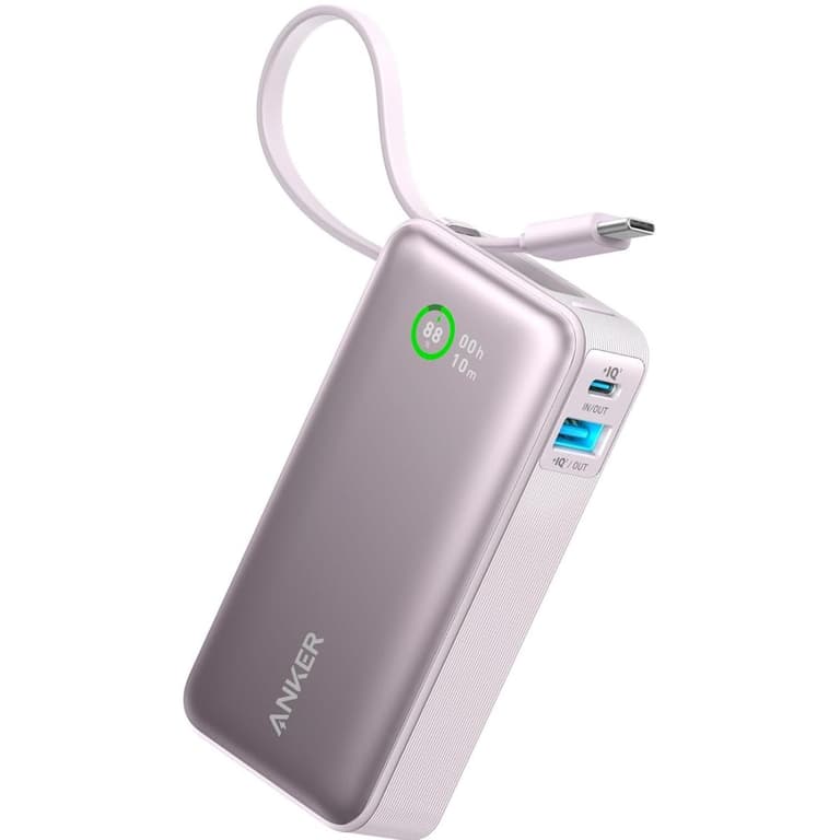 Anker Nano Power Bank, 10,000mAh Portable Charger with Built-In USB-C Cable, 30W Max Output, for iPhone 16/15 Series, MacBook, AirPods, and More - Lilac purple