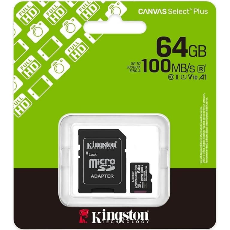 Kingston SDCS3/64GB Canvas Select Plus 64GB microSDXC Card Up to 100MB/s A1 Class 10 UHS-I with Adapter