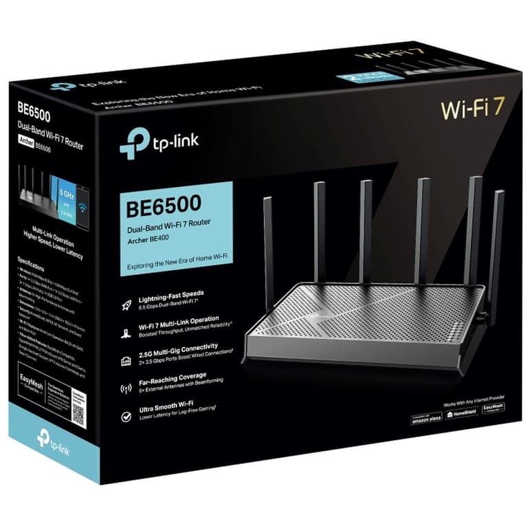 TP-Link Archer BE400 WIFI 7 BE6500 Dual-Band Router Dual 2.5 Gbps Ports USB 3.0 | Covers up to 2,400 Sq. ft and 90 Devices | Quad-core CPU| HomeShield, Private IoT for Network Security