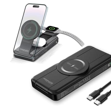Promate Powerpack-Fold 5 in 1 Magsafe Power Bank, 10000mah 15W Foldable Wireless Powerbank - iPhone 15/15+/15 Pro/15 Pro Max, 14/14+/14 Pro/Max, Apple Watch, Air Pods, 18W USB QC 3.0 Port, 20W USB-C - Black