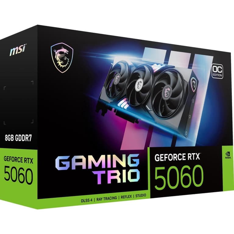 MSI GeForce RTX 5060 GAMING TRIO OC 8GB GDDR7 128-Bit Memory, 2625 MHz Boost Clock, 28 Gbps Memory Speed, 3840 CUDA Cores, PCI Express Gen 5 x16